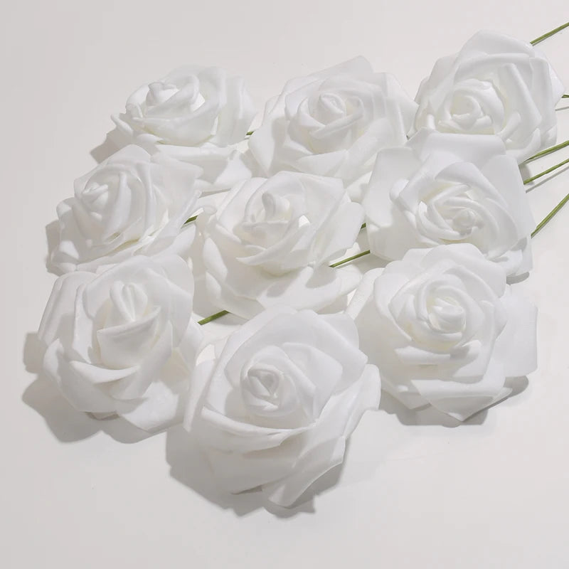 50pcs/package White PE Rose Artificial Flower Head With Stem DIY Bouquet Wedding Party Decoration Scrapbook Supplies