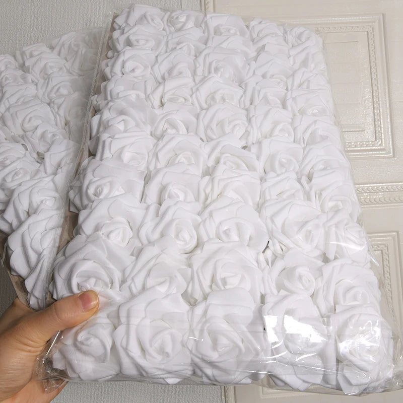 50pcs/package White PE Rose Artificial Flower Head With Stem DIY Bouquet Wedding Party Decoration Scrapbook Supplies