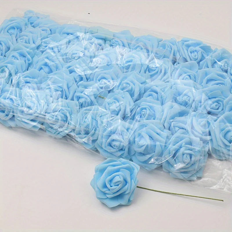 50pcs/package White PE Rose Artificial Flower Head With Stem DIY Bouquet Wedding Party Decoration Scrapbook Supplies
