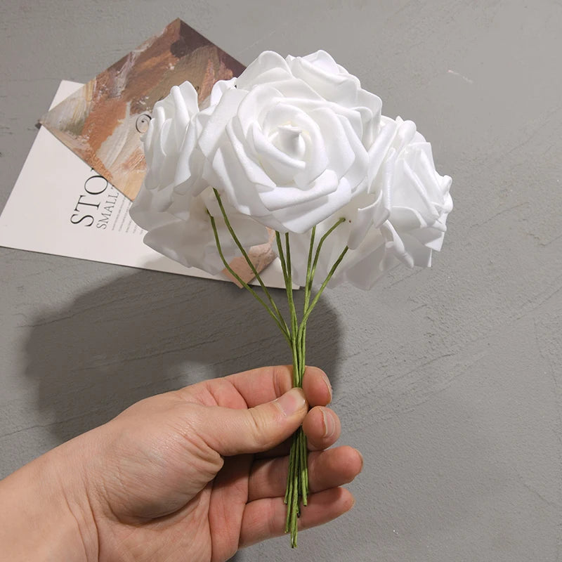 50pcs/package White PE Rose Artificial Flower Head With Stem DIY Bouquet Wedding Party Decoration Scrapbook Supplies