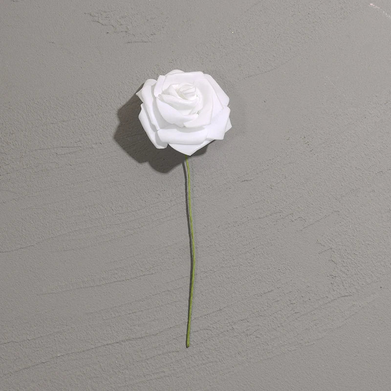 50pcs/package White PE Rose Artificial Flower Head With Stem DIY Bouquet Wedding Party Decoration Scrapbook Supplies