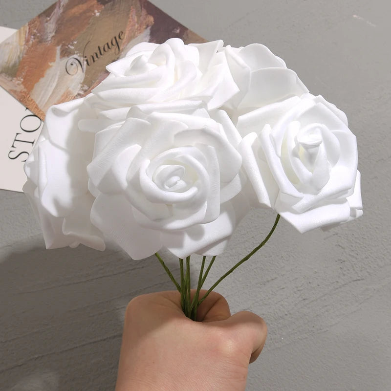 50pcs/package White PE Rose Artificial Flower Head With Stem DIY Bouquet Wedding Party Decoration Scrapbook Supplies