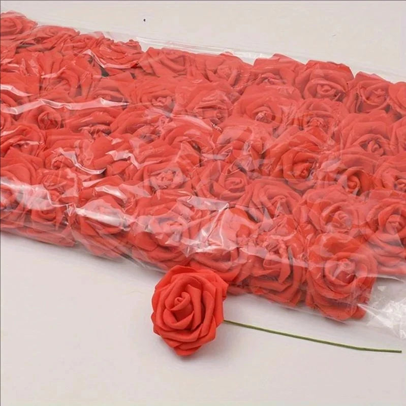 50pcs/package White PE Rose Artificial Flower Head With Stem DIY Bouquet Wedding Party Decoration Scrapbook Supplies
