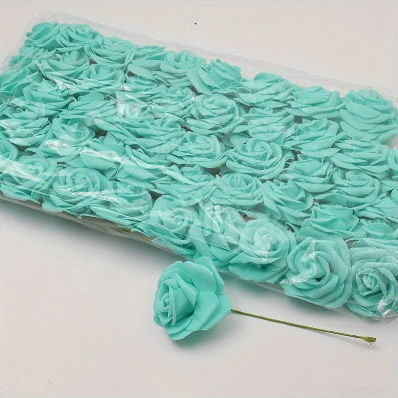 50pcs/package White PE Rose Artificial Flower Head With Stem DIY Bouquet Wedding Party Decoration Scrapbook Supplies
