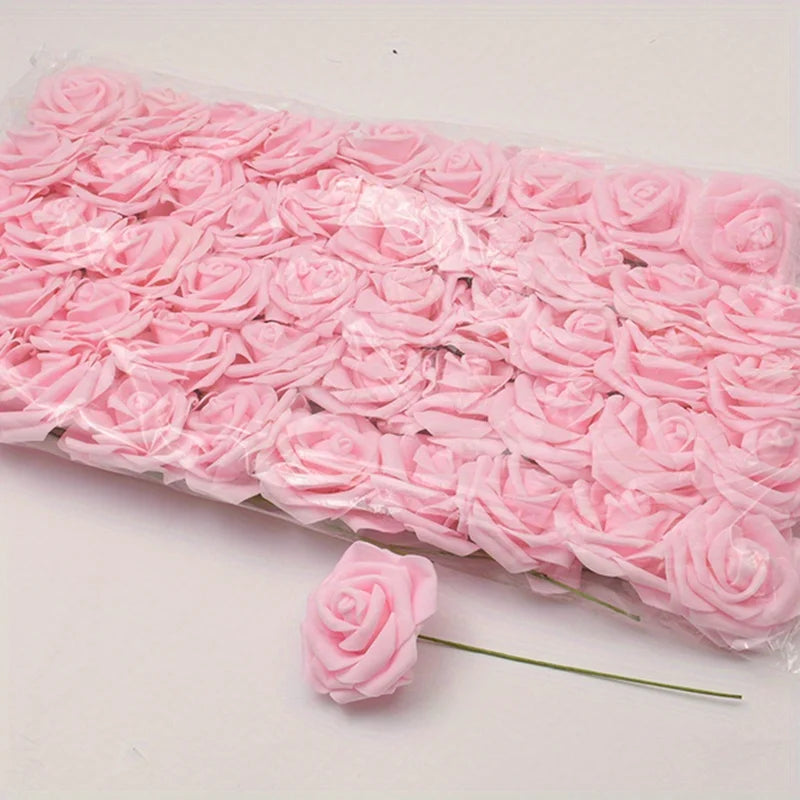 50pcs/package White PE Rose Artificial Flower Head With Stem DIY Bouquet Wedding Party Decoration Scrapbook Supplies