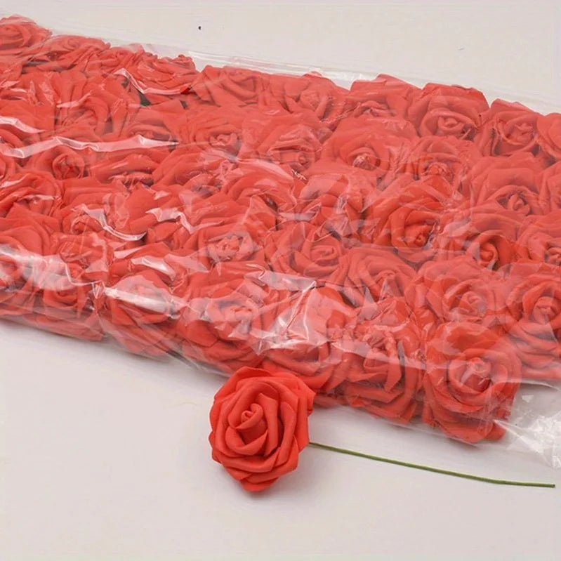 50pcs/package White PE Rose Artificial Flower Head With Stem DIY Bouquet Wedding Party Decoration Scrapbook Supplies