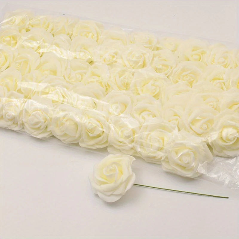 50pcs/package White PE Rose Artificial Flower Head With Stem DIY Bouquet Wedding Party Decoration Scrapbook Supplies