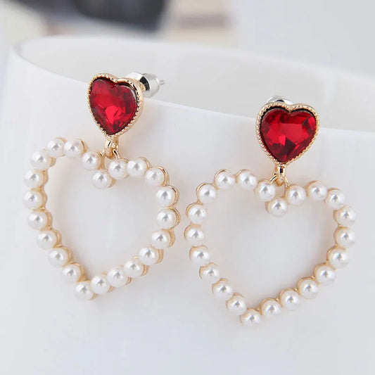 Sweet Rhinestone Red Heart Pearl Earrings For Women Hollow Dangle Ear Simple Korean Statement Wedding Jewelry Party Gift