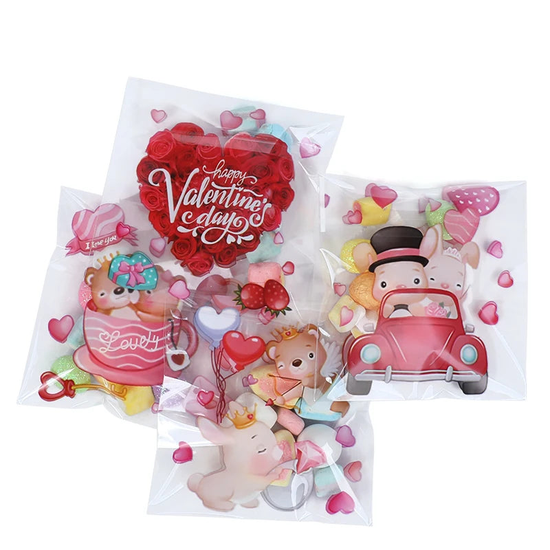 100pcs Valentine's Day Candy Cookie Packaging Bag Love Heart Plastic OPP Gift Bag Valentines Day Party Decoration Supplies 2025