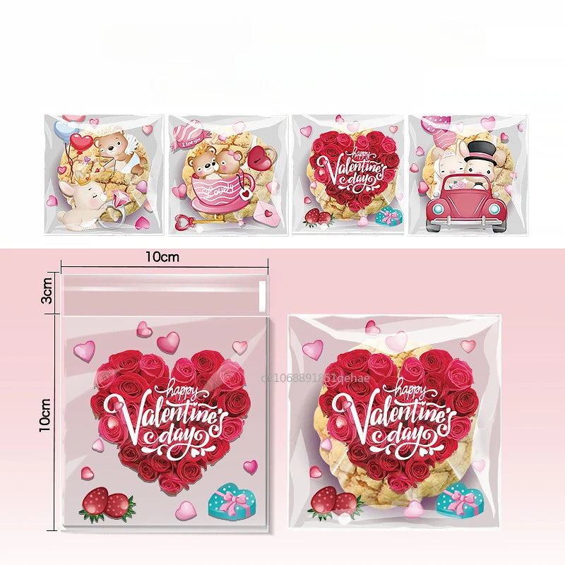 100pcs Valentine's Day Candy Cookie Packaging Bag Love Heart Plastic OPP Gift Bag Valentines Day Party Decoration Supplies 2025