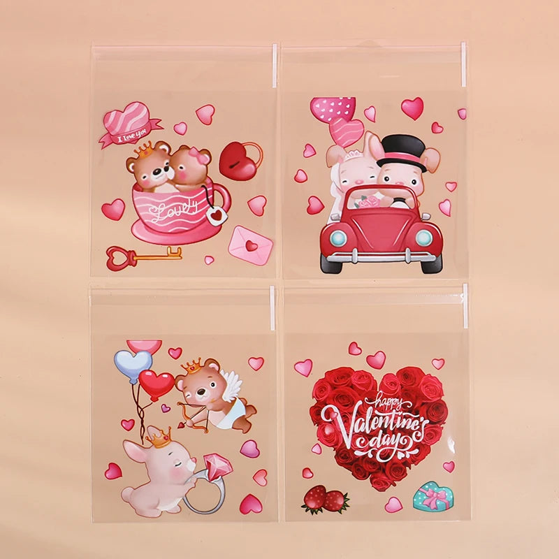 100pcs Valentine's Day Candy Cookie Packaging Bag Love Heart Plastic OPP Gift Bag Valentines Day Party Decoration Supplies 2025