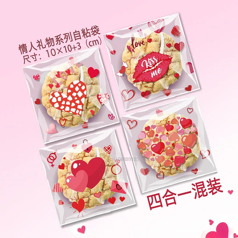 100pcs Valentine's Day Candy Cookie Packaging Bag Love Heart Plastic OPP Gift Bag Valentines Day Party Decoration Supplies 2025