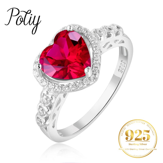 Potiy Heart Love 2.5ct Created Red Ruby 925 Sterling Silver Ring for Women Gemstone Daily Jewelry valentines day gift