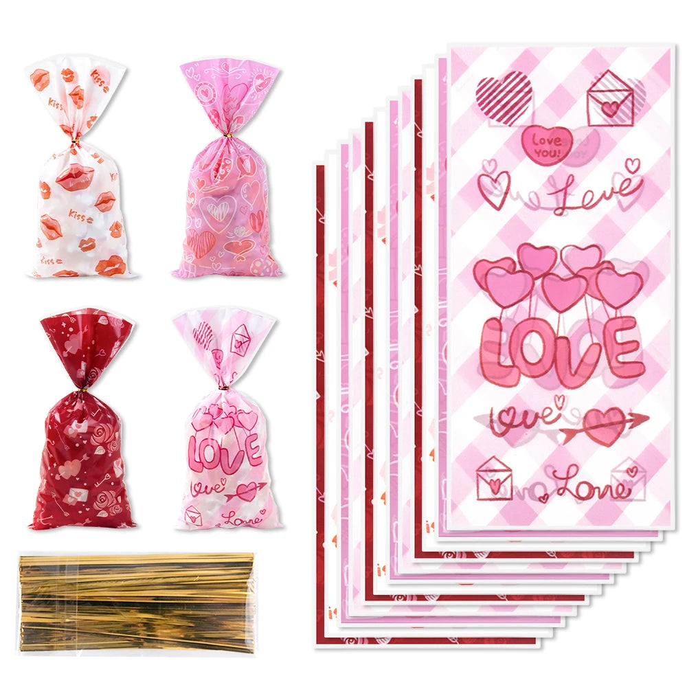 50pcs Valentines Treat Favor Bags Love Kisses Heart Design Clear Cellophane Candy Goodie Gift Bags Valentine's Day Party Decor