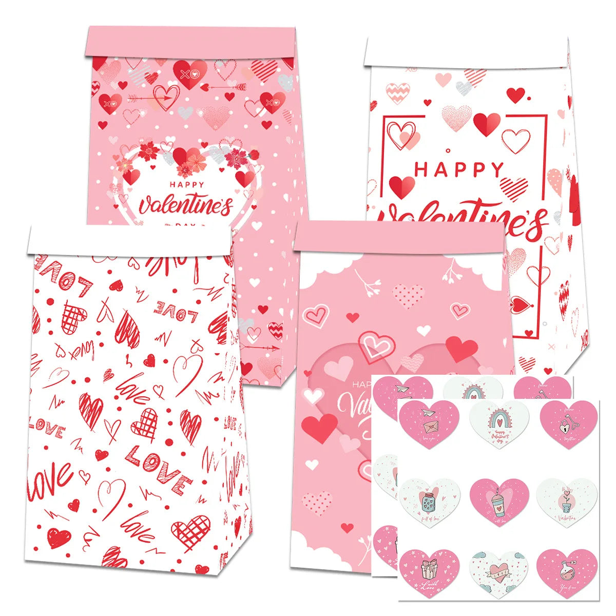 12pcs Valentine'S Day Gift Packaging Bags With Heart Shape Sticker Set DIY Wedding Party Favors Baking Cookie Candy Paper Bags