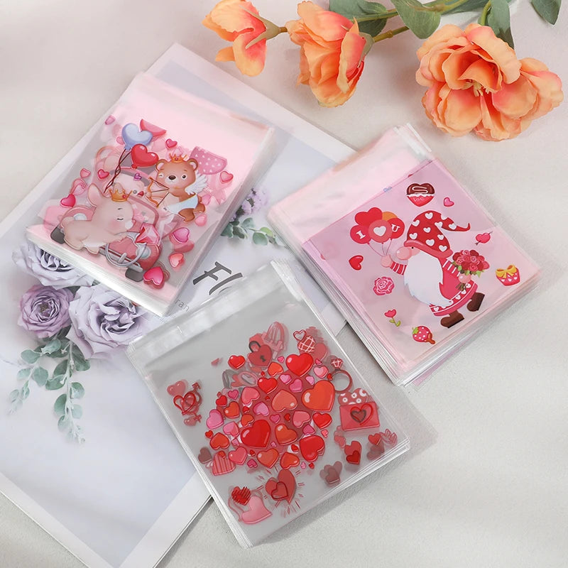 100pcs Valentine's Day Candy Cookie Packaging Bag Love Heart Plastic OPP Gift Bag Valentines Day Party Decoration Supplies 2025