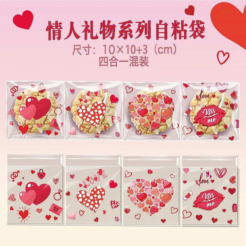 100pcs Valentine's Day Candy Cookie Packaging Bag Love Heart Plastic OPP Gift Bag Valentines Day Party Decoration Supplies 2025