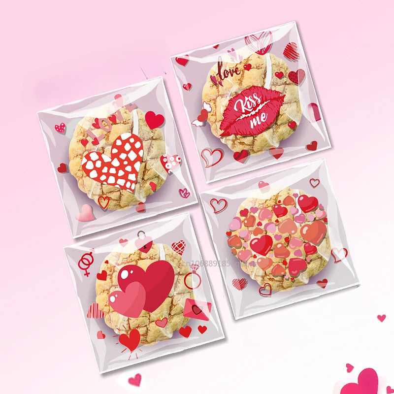 100pcs Valentine's Day Candy Cookie Packaging Bag Love Heart Plastic OPP Gift Bag Valentines Day Party Decoration Supplies 2025