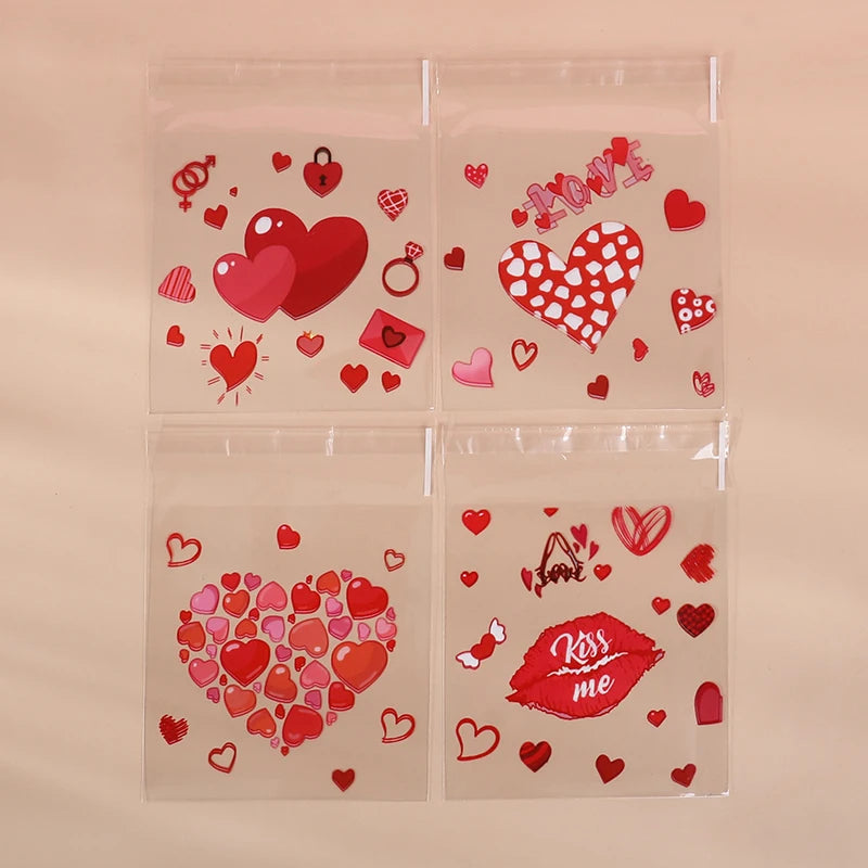 100pcs Valentine's Day Candy Cookie Packaging Bag Love Heart Plastic OPP Gift Bag Valentines Day Party Decoration Supplies 2025