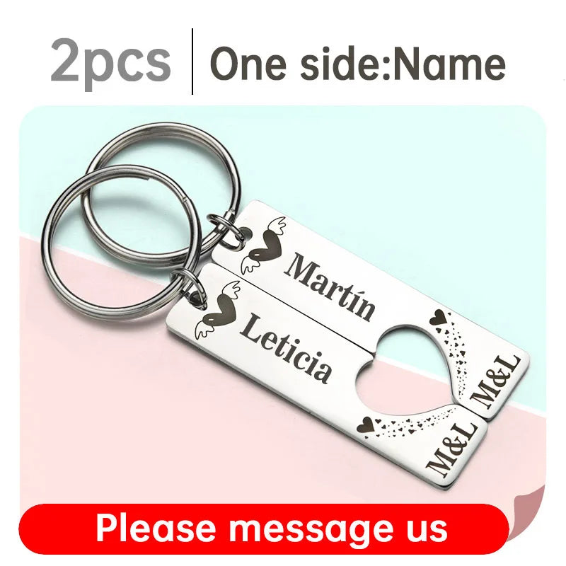 2 Pcs Customized Personalized Heart Keychain for Wedding Key Chain Ring Gifts Date  Name Love Couples Girlfriend Boyfriends P030