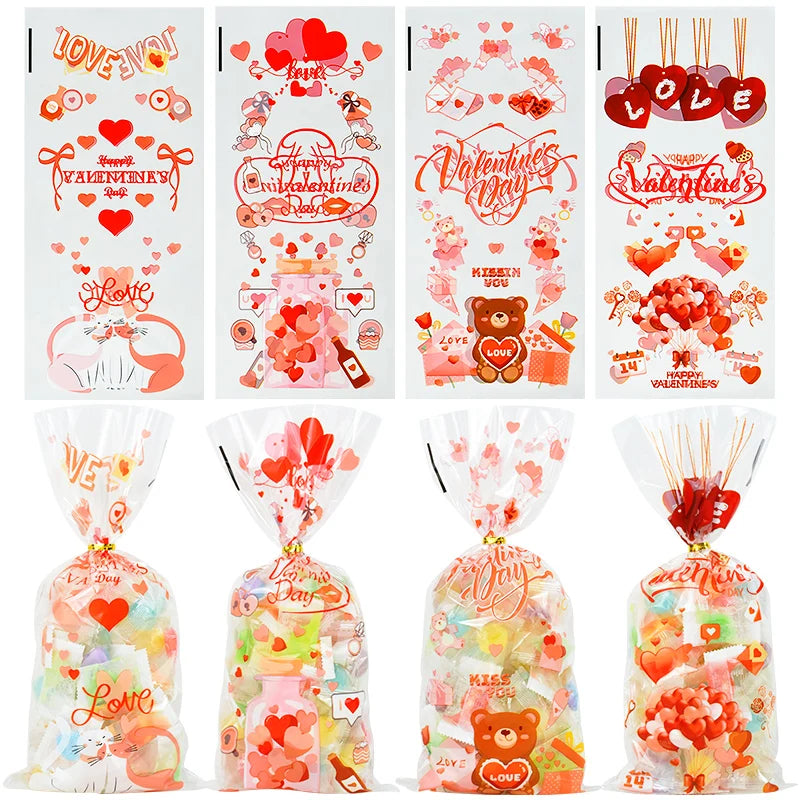 50pcs Valentine's Day Gift Bag Love Heart Plastic OPP Candy Cookie Packaging Bag Valentines Day Party Decoration Favors Supplies