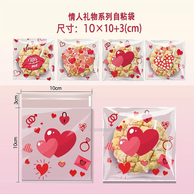 100pcs Valentine's Day Candy Cookie Packaging Bag Love Heart Plastic OPP Gift Bag Valentines Day Party Decoration Supplies 2025