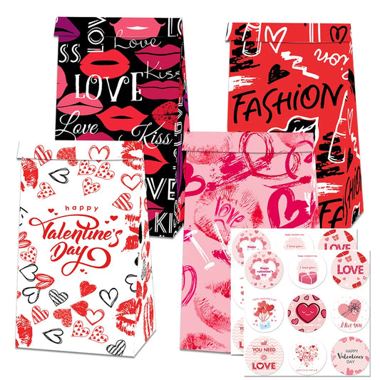 12pcs Valentine'S Day Gift Packaging Bags With Heart Shape Sticker Set DIY Wedding Party Favors Baking Cookie Candy Paper Bags