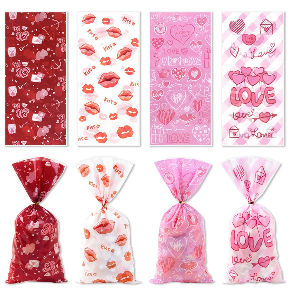 50pcs Valentines Treat Favor Bags Love Kisses Heart Design Clear Cellophane Candy Goodie Gift Bags Valentine's Day Party Decor