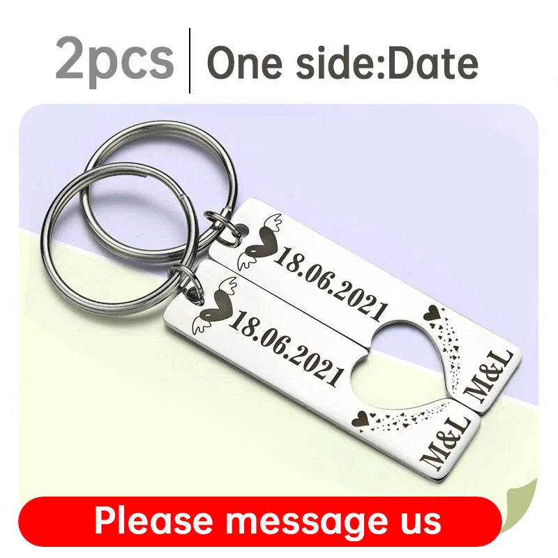 2 Pcs Customized Personalized Heart Keychain for Wedding Key Chain Ring Gifts Date  Name Love Couples Girlfriend Boyfriends P030