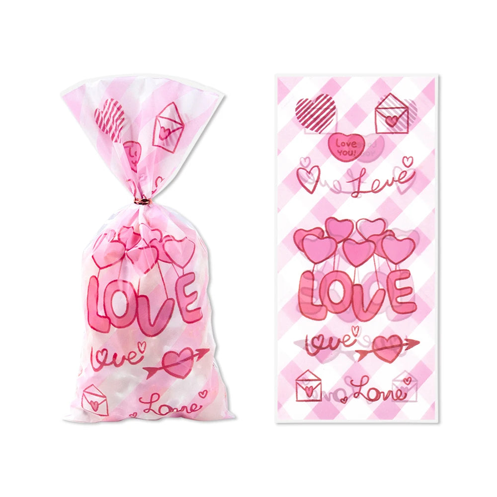 50pcs Valentines Treat Favor Bags Love Kisses Heart Design Clear Cellophane Candy Goodie Gift Bags Valentine's Day Party Decor