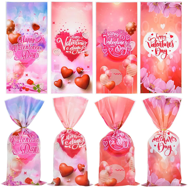 50pcs Valentine's Day Gift Bag Love Heart Plastic OPP Candy Cookie Packaging Bag Valentines Day Party Decoration Favors Supplies