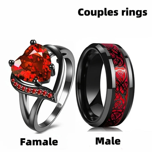 Charm Couple Rings For Men Stainless Steel Celtic Dragon Ring Heart Red Zircon Women Wedding Rings Set Valentine's Day Jewelry