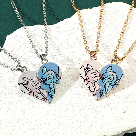 Disney-Stitch Heart Necklace for Couple, Gold and Silver Color, Angel and Stitch, Cute Style , Jewelry Pendant, Gift for Girl, 1