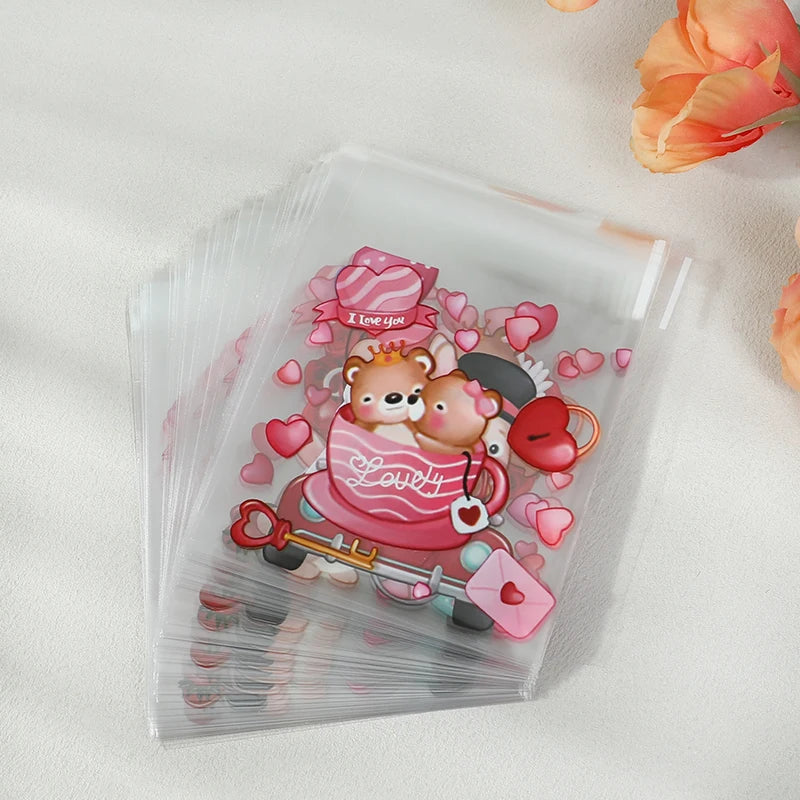 100pcs Valentine's Day Candy Cookie Packaging Bag Love Heart Plastic OPP Gift Bag Valentines Day Party Decoration Supplies 2025