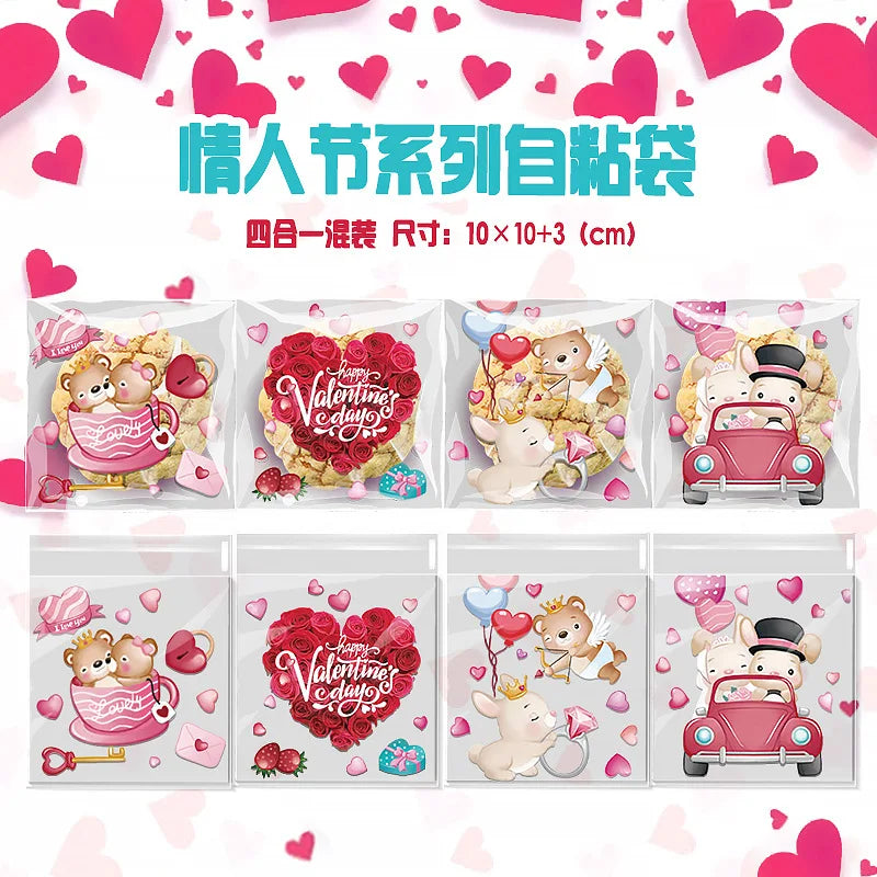 100pcs Valentine's Day Candy Cookie Packaging Bag Love Heart Plastic OPP Gift Bag Valentines Day Party Decoration Supplies 2025