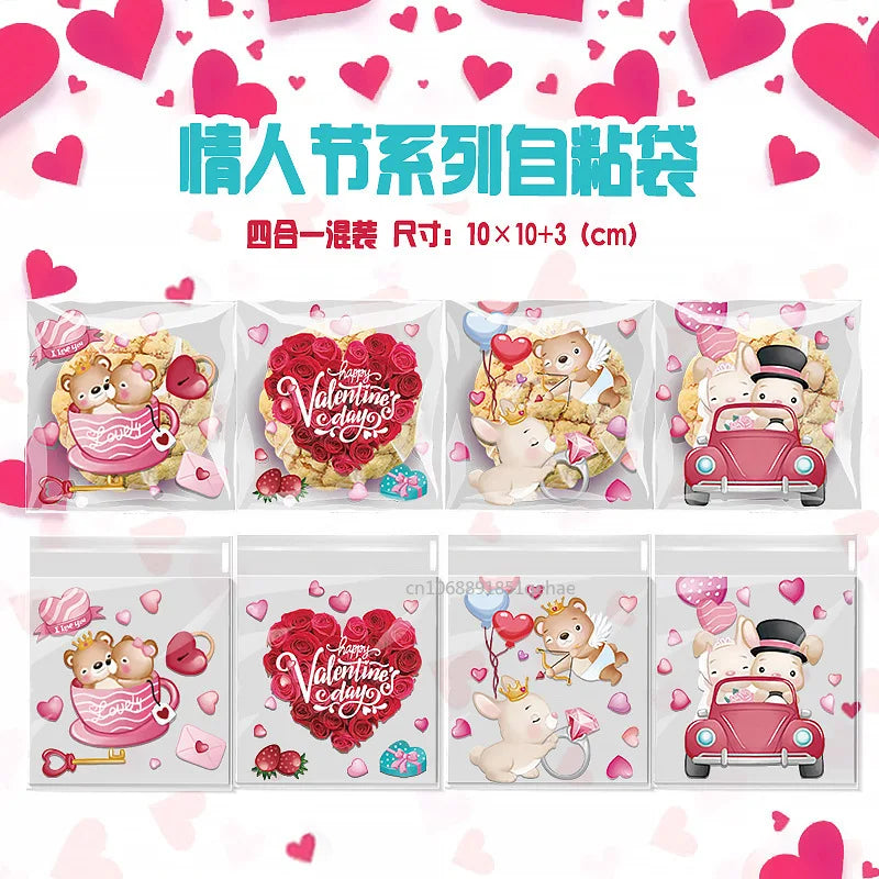 100pcs Valentine's Day Candy Cookie Packaging Bag Love Heart Plastic OPP Gift Bag Valentines Day Party Decoration Supplies 2025