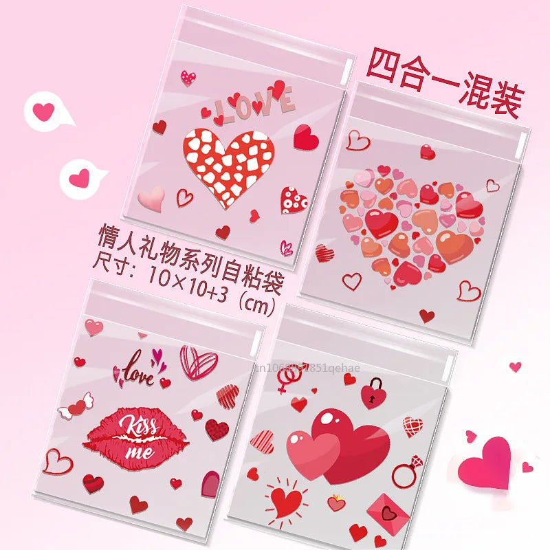 100pcs Valentine's Day Candy Cookie Packaging Bag Love Heart Plastic OPP Gift Bag Valentines Day Party Decoration Supplies 2025