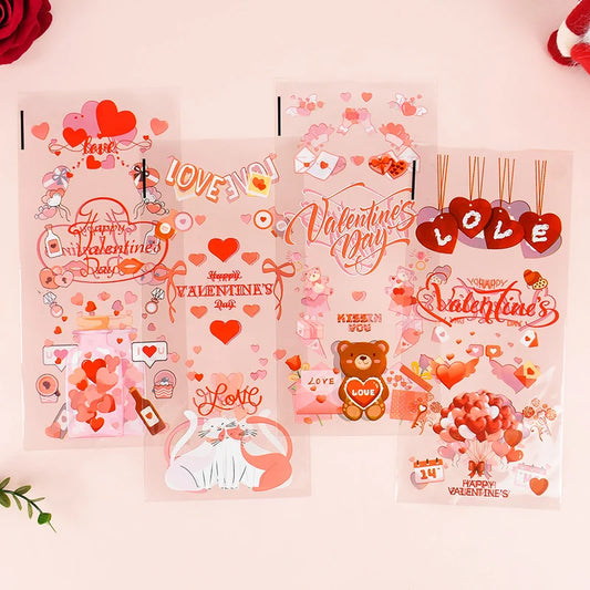 50pcs Valentine's Day Gift Bag Love Heart Plastic OPP Candy Cookie Packaging Bag Valentines Day Party Decoration Favors Supplies