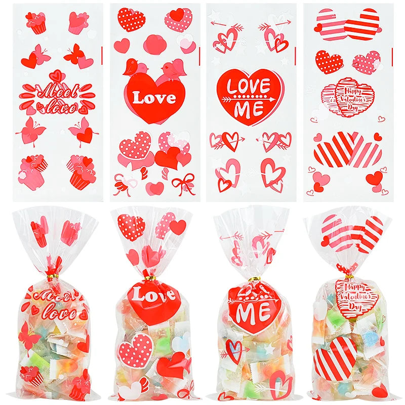 50pcs Valentine's Day Gift Bag Love Heart Plastic OPP Candy Cookie Packaging Bag Valentines Day Party Decoration Favors Supplies