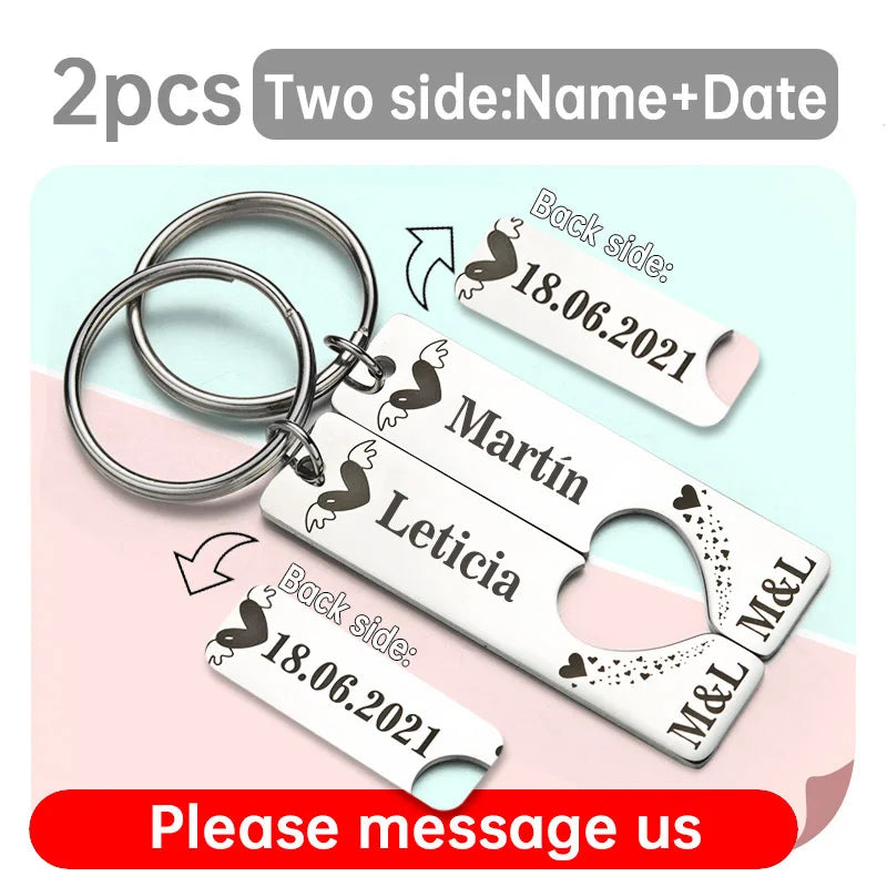 2 Pcs Customized Personalized Heart Keychain for Wedding Key Chain Ring Gifts Date  Name Love Couples Girlfriend Boyfriends P030
