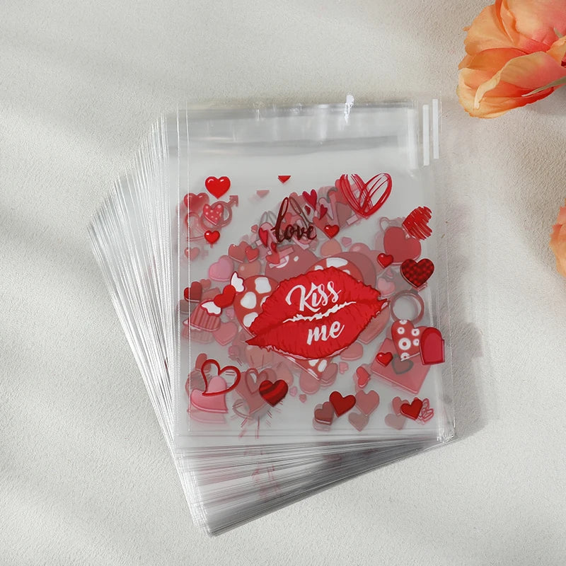 100pcs Valentine's Day Candy Cookie Packaging Bag Love Heart Plastic OPP Gift Bag Valentines Day Party Decoration Supplies 2025