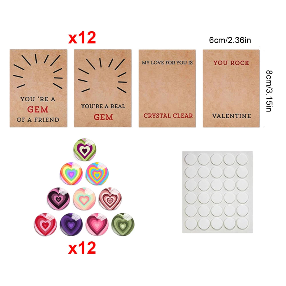 12/24PCS Valentines Day Gifts Cards Heart-Shape Crystal Valentines Cards For Kids Boys Girls Toddlers School Party Favor