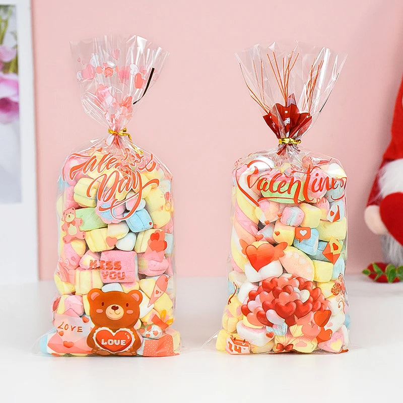 50pcs Valentine's Day Gift Bag Love Heart Plastic OPP Candy Cookie Packaging Bag Valentines Day Party Decoration Favors Supplies