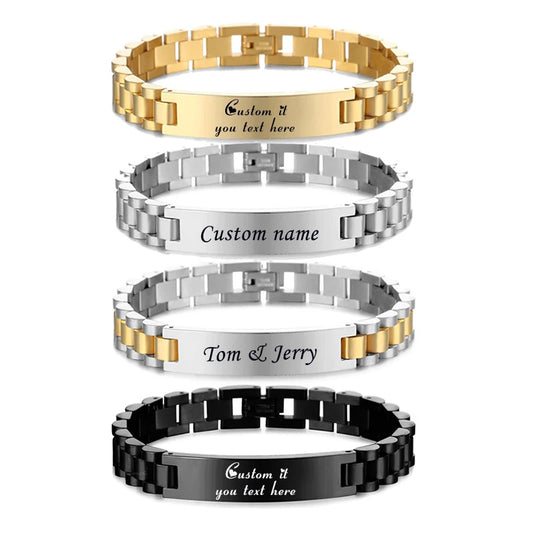 Personalized Engrave ID Bracelet for Men Wristband Stainless Steel Metal Plated Bangle Engraving Laser Name Date Customize Gift