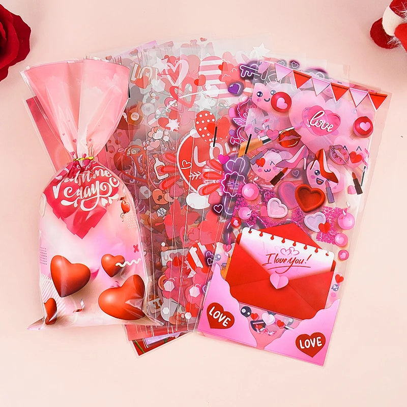 50pcs Valentine's Day Gift Bag Love Heart Plastic OPP Candy Cookie Packaging Bag Valentines Day Party Decoration Favors Supplies