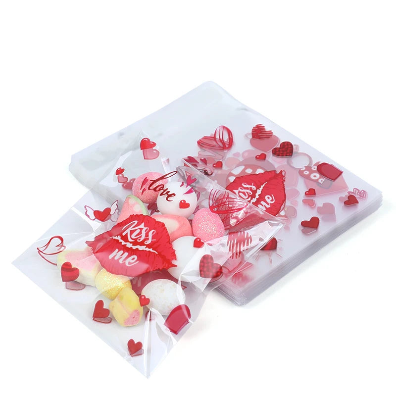 100pcs Valentine's Day Candy Cookie Packaging Bag Love Heart Plastic OPP Gift Bag Valentines Day Party Decoration Supplies 2025