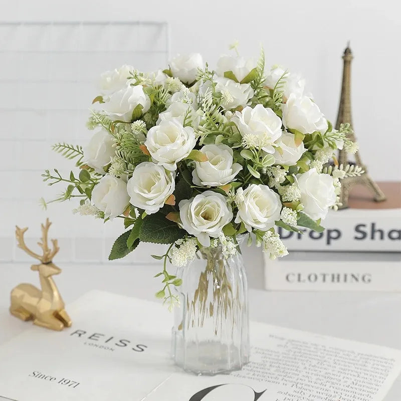 30cm Rose White Silk Bouquet Peony Artificial Flower 5 Big Head 4 Small Bud Wedding Brides Home Decoration Artificial Flower