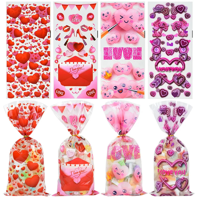 50pcs Valentine's Day Gift Bag Love Heart Plastic OPP Candy Cookie Packaging Bag Valentines Day Party Decoration Favors Supplies