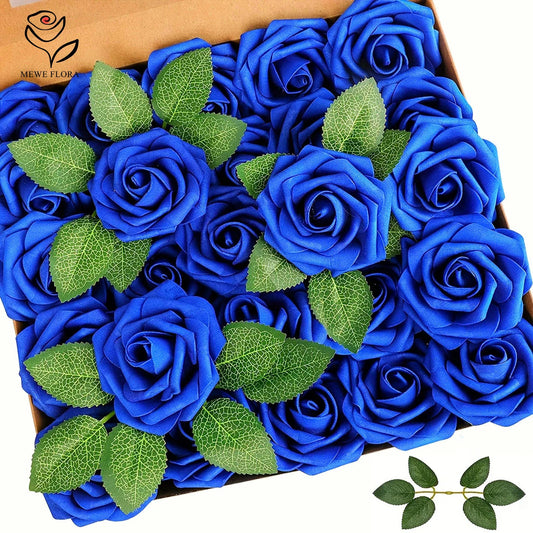 30pcs Artificial Blue Rose Flowers Fake Foam Roses With Stems Wedding Party DIY Decoration Faux Flower Boho Home Room Vase Decor