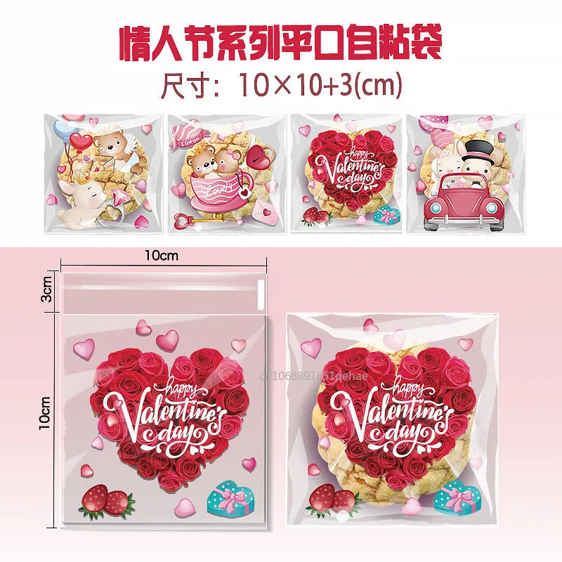 100pcs Valentine's Day Candy Cookie Packaging Bag Love Heart Plastic OPP Gift Bag Valentines Day Party Decoration Supplies 2025